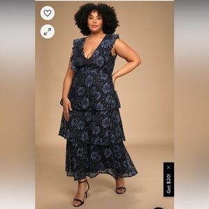 LuLus Molinetto Navy Blue Lace Ruffled Tiered Sleeveless Maxi Dress - 1X